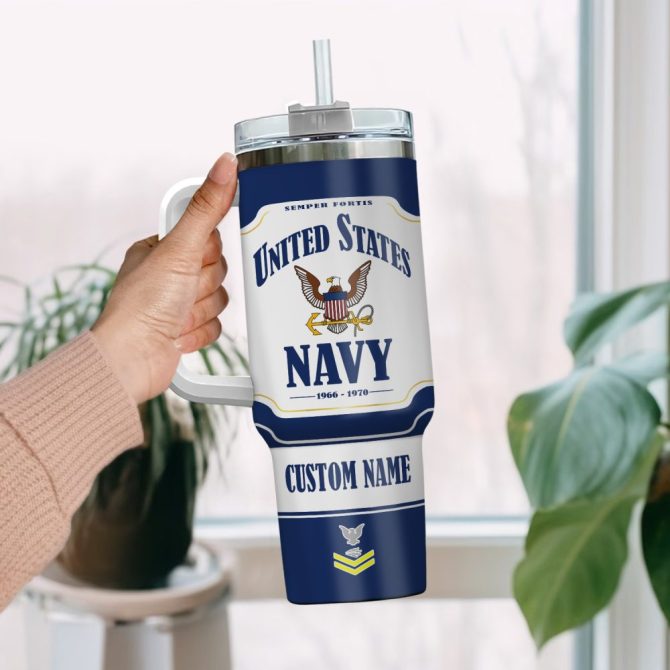 Customizable U.S. Navy Tumbler With Handle - Personalize Name & Service Years - Image 2