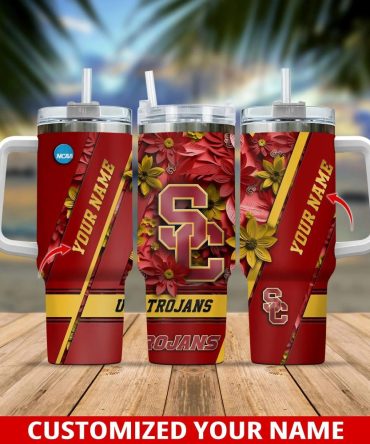 Custom Usc Trojans Floral Tumbler - Personalized Name Mug With Handle