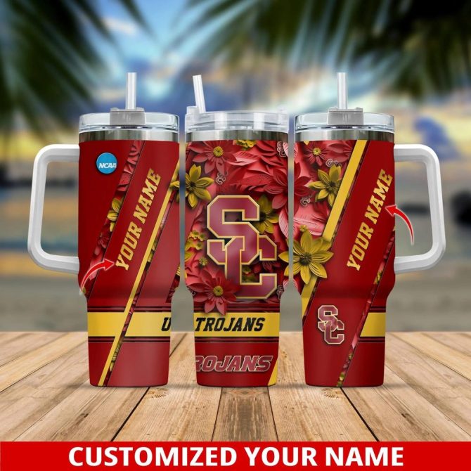Custom Usc Trojans Floral Tumbler - Personalized Name Mug With Handle