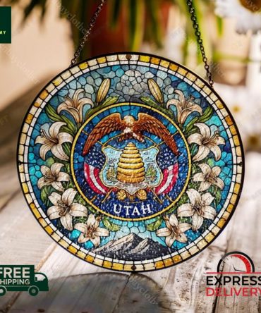 Utah State Emblem Stained Glass Suncatcher – Elegant Window Decor , Free Shipping & Express Delivery