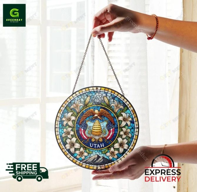 Utah State Emblem Stained Glass Suncatcher – Elegant Window Decor , Free Shipping & Express Delivery - Image 3