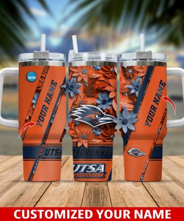 Custom Utsa Roadrunners Tumbler - Personalized Travel Mug With Handle & Straw, Floral Design