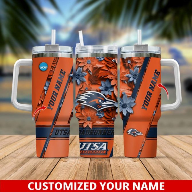 Custom Utsa Roadrunners Tumbler - Personalized Travel Mug With Handle & Straw, Floral Design