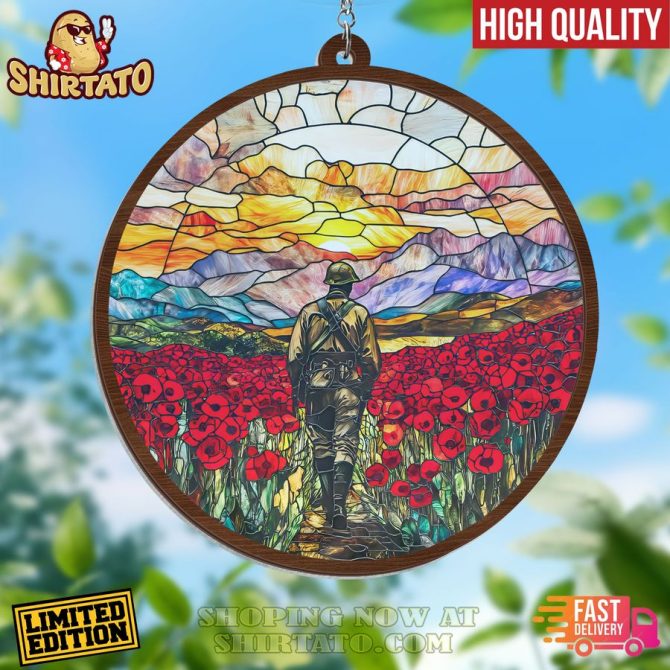 Limited Edition Stained Glass Art - Soldier In Poppy Field , High Quality Home Decor
