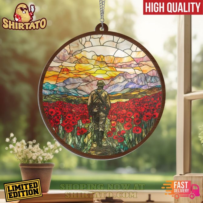 Limited Edition Stained Glass Art - Soldier In Poppy Field , High Quality Home Decor - Image 2