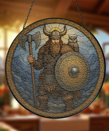 Viking Warrior Stained Glass Wall Art With Owl & Shield - Unique Norse Decor For Home