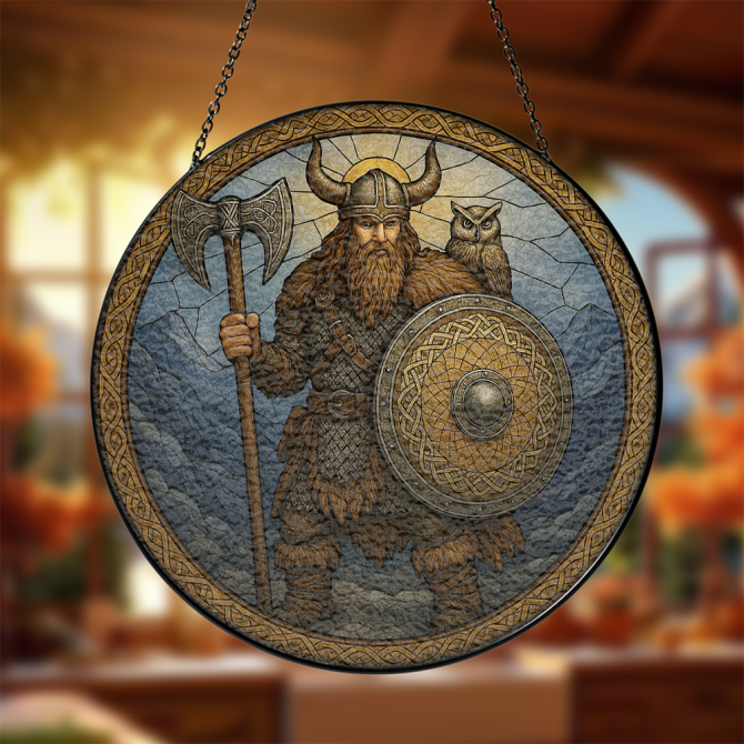Viking Warrior Stained Glass Wall Art With Owl & Shield - Unique Norse Decor For Home