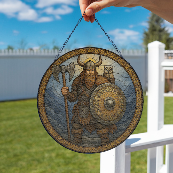 Viking Warrior Stained Glass Wall Art With Owl & Shield - Unique Norse Decor For Home - Image 2