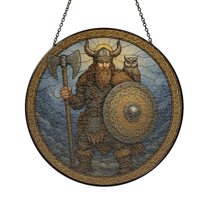 Viking Warrior Stained Glass Wall Art With Owl & Shield - Unique Norse Decor For Home - Image 3