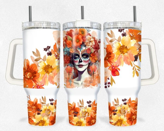 Floral Skull Art Insulated Tumbler With Straw – 20Oz Travel Mug Keeps Drinks Hot/Cold