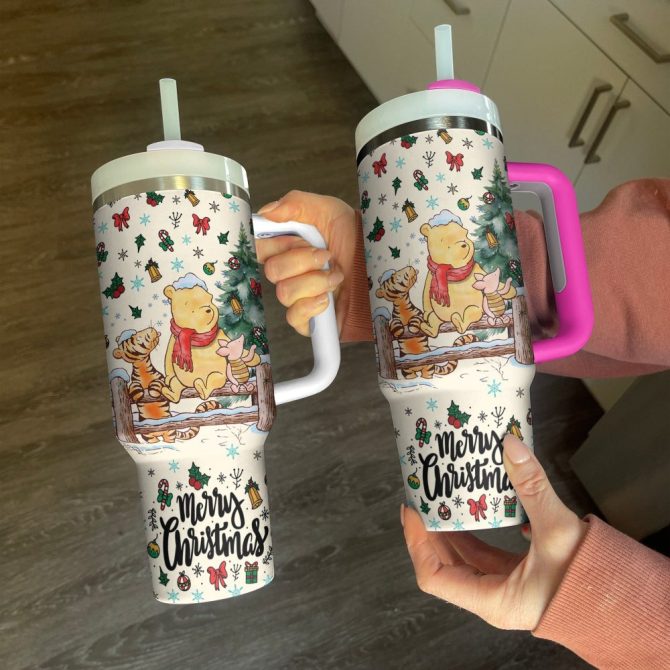 Festive Christmas Tumbler With Cute Bear & Friends Design - 30Oz Insulated Mug With Handle & Straw - Image 2