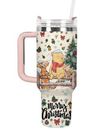 Festive Christmas Tumbler With Cute Bear & Friends Design - 30Oz Insulated Mug With Handle & Straw