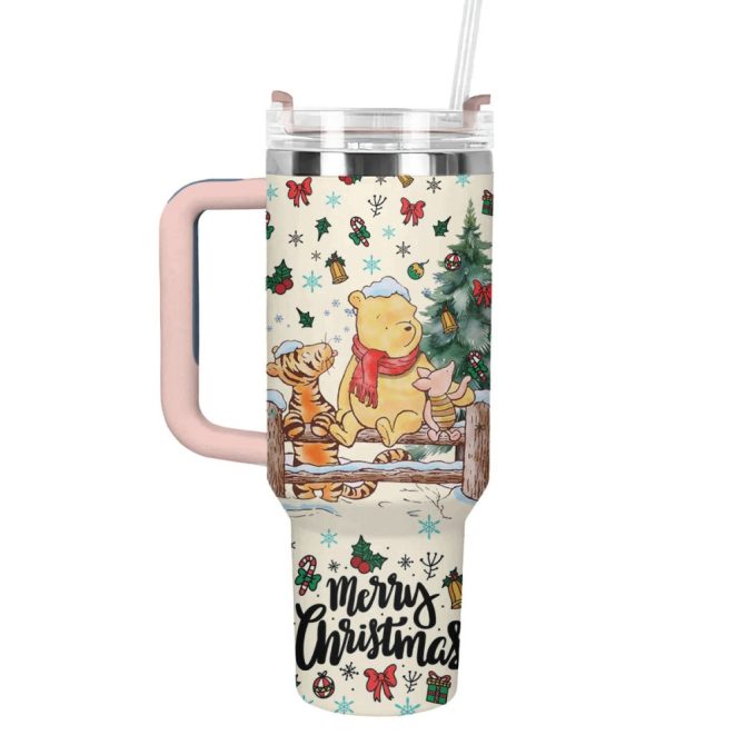 Festive Christmas Tumbler With Cute Bear & Friends Design - 30Oz Insulated Mug With Handle & Straw