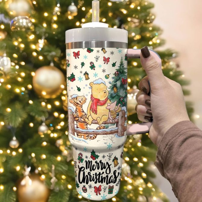 Festive Christmas Tumbler With Cute Bear & Friends Design - 30Oz Insulated Mug With Handle & Straw - Image 3