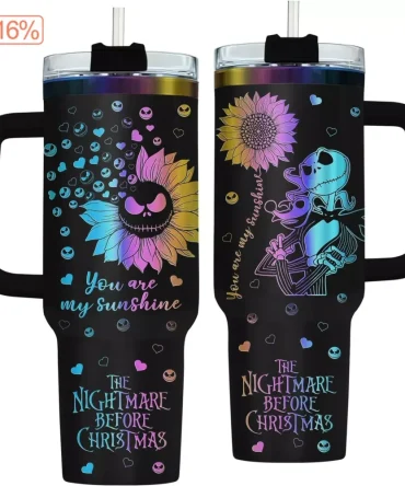 Nightmare Before Christmas Tumbler - Double-Wall Insulated Mug With Handle, Colorful Sunflower Design, 16Oz, Limited Edition