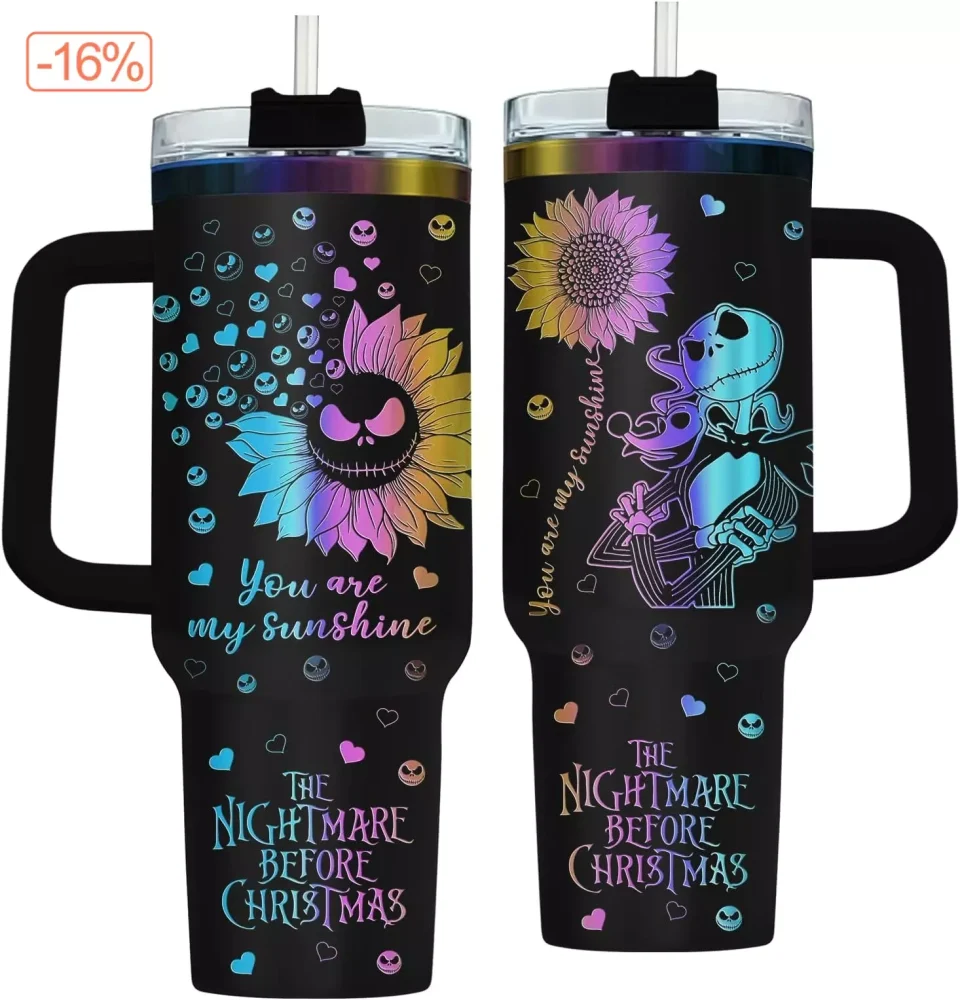 Nightmare Before Christmas Tumbler - Double-Wall Insulated Mug With Handle, Colorful Sunflower Design, 16Oz, Limited Edition
