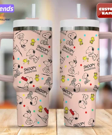 Custom Name Snoopy & Woodstock Tumbler – 20Oz Insulated Mug With Handle & Straw