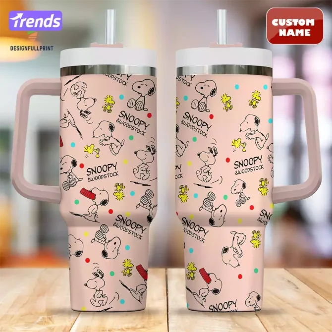 Custom Name Snoopy & Woodstock Tumbler – 20Oz Insulated Mug With Handle & Straw