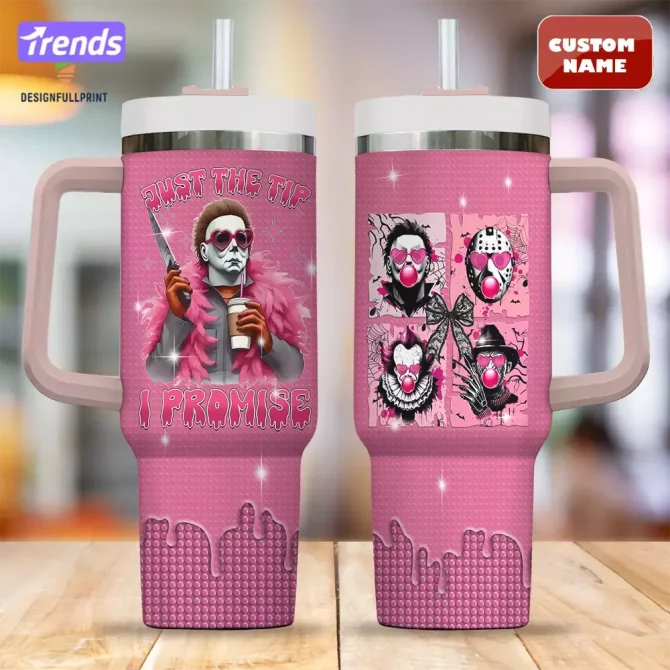 Customizable Horror-Themed Pink Tumbler With Straw – Unique Gift For Fans