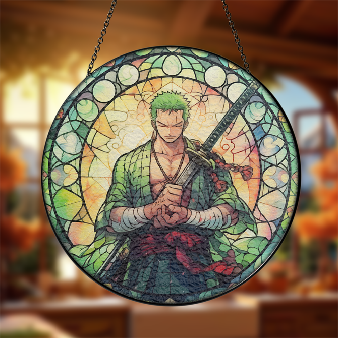 Anime Stained Glass Art - Samurai Warrior Decorative Hanging Panel For Home Decor