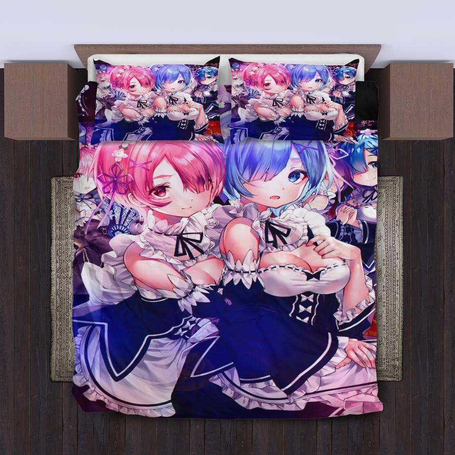 Ram And Rem Anime Girl Re Zero Bedding Set Duvet Cover And 2 Pillowcases - Image 4