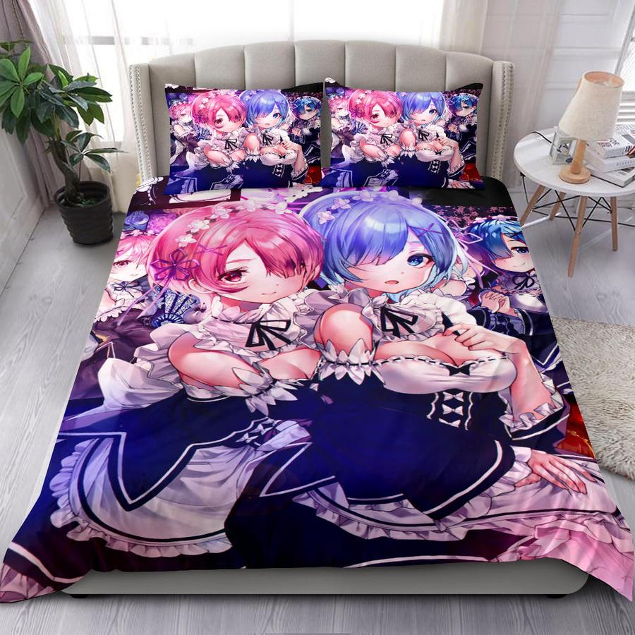 Ram And Rem Anime Girl Re Zero Bedding Set Duvet Cover And 2 Pillowcases