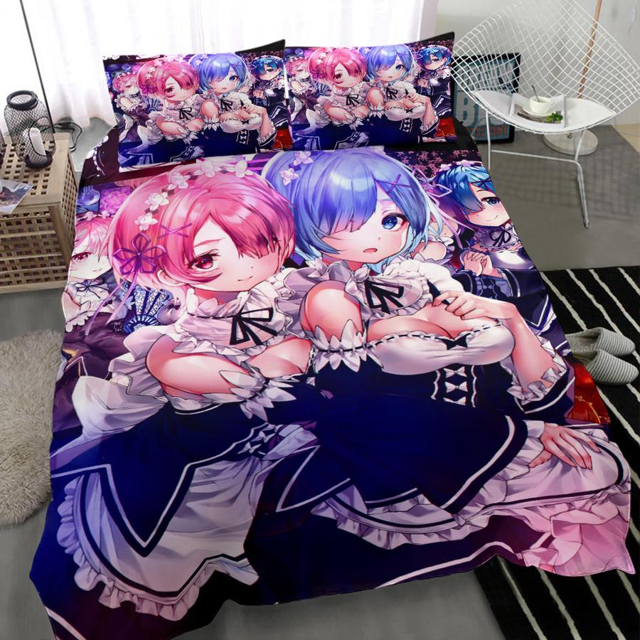 Ram And Rem Anime Girl Re Zero Bedding Set Duvet Cover And 2 Pillowcases - Image 2