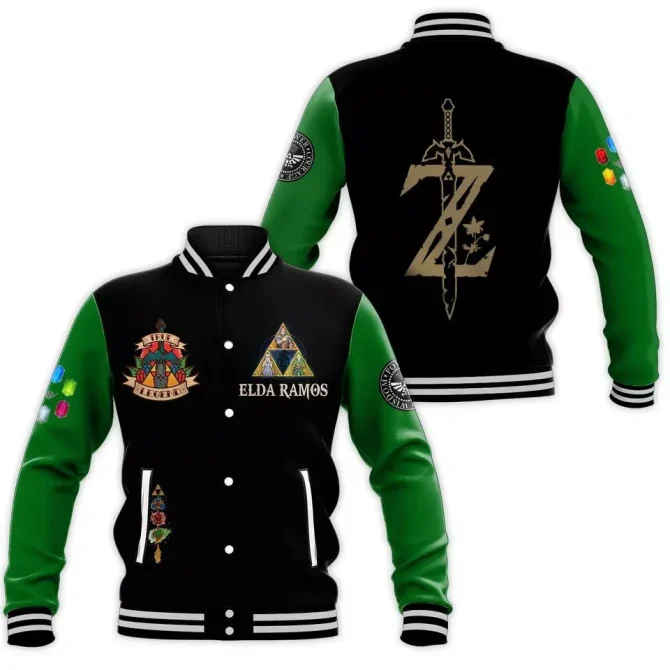 Legendary Gamer Varsity Jacket - Green & Black Embroidered Design - Unisex Casual Wear