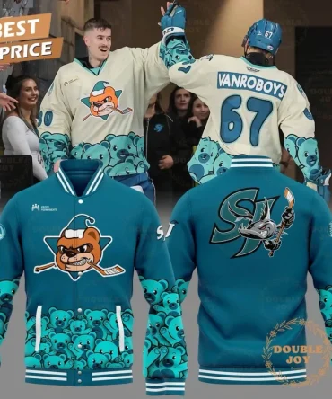 Limited Edition Teal Hockey Varsity Jacket - Fun Bear & Shark Design - Best Price!