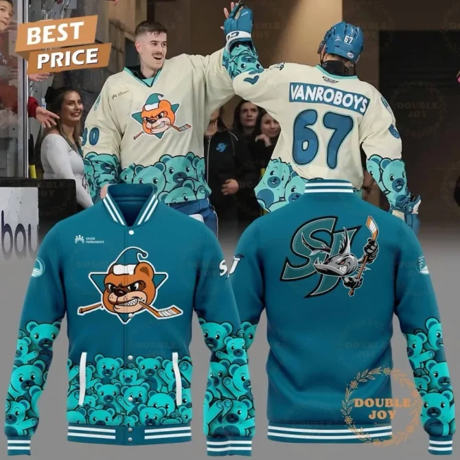 Limited Edition Teal Hockey Varsity Jacket - Fun Bear & Shark Design - Best Price!