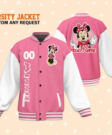Custom Pink Varsity Jacket With Minnie Design – Personalize Your Style!