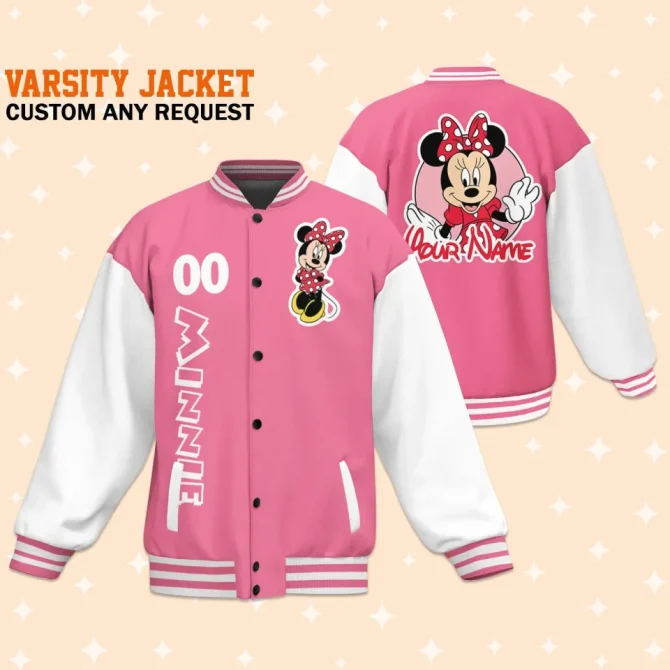 Custom Pink Varsity Jacket With Minnie Design – Personalize Your Style!