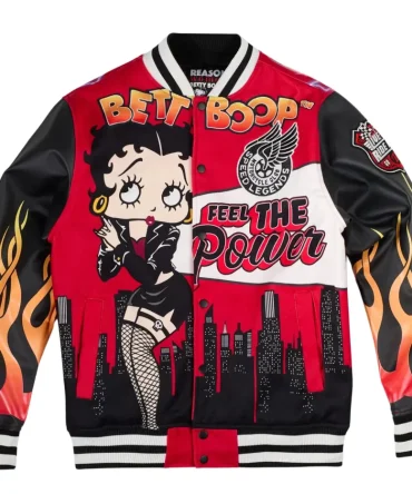 Betty Boop Graphic Bomber Jacket – Vibrant Cartoon Style With Flames & Urban Skyline Design