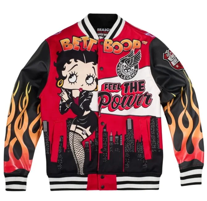 Betty Boop Graphic Bomber Jacket – Vibrant Cartoon Style With Flames & Urban Skyline Design