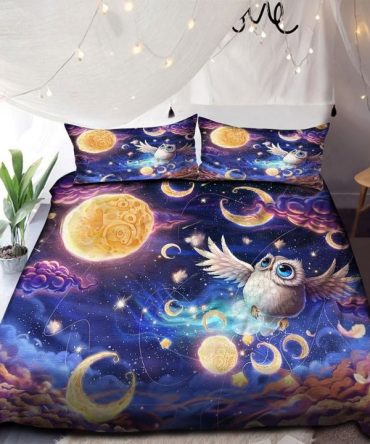 Galaxy Owl And Moon Bedding Set Duvet Cover And 2 Pillowcases
