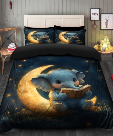 Baby Elephant Reading On A Crescent Moon Bedding Set Duvet Cover And 2 Pillowcases