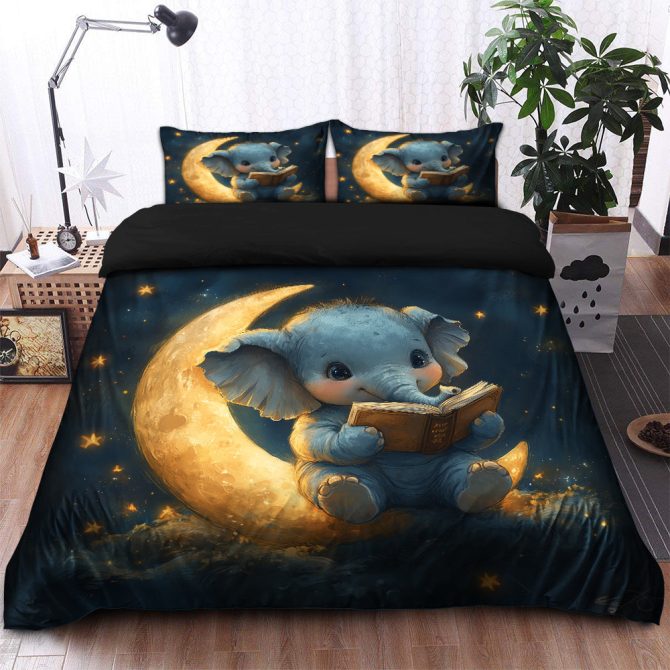 Baby Elephant Reading On A Crescent Moon Bedding Set Duvet Cover And 2 Pillowcases - Image 2