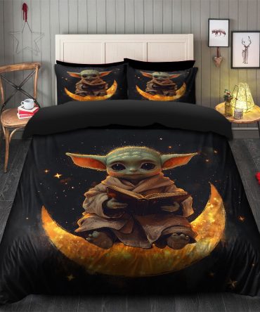 Baby Yoda Reading On A Crescent Moon Bedding Set Duvet Cover And 2 Pillowcases