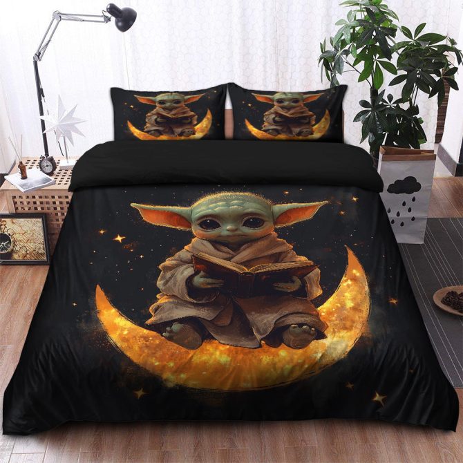 Baby Yoda Reading On A Crescent Moon Bedding Set Duvet Cover And 2 Pillowcases - Image 2