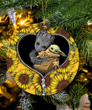 Baby Groot And Baby Yoda Sunflower Zipper Ceramic Circle Ornament Perfect Gift For Christmas Holiday