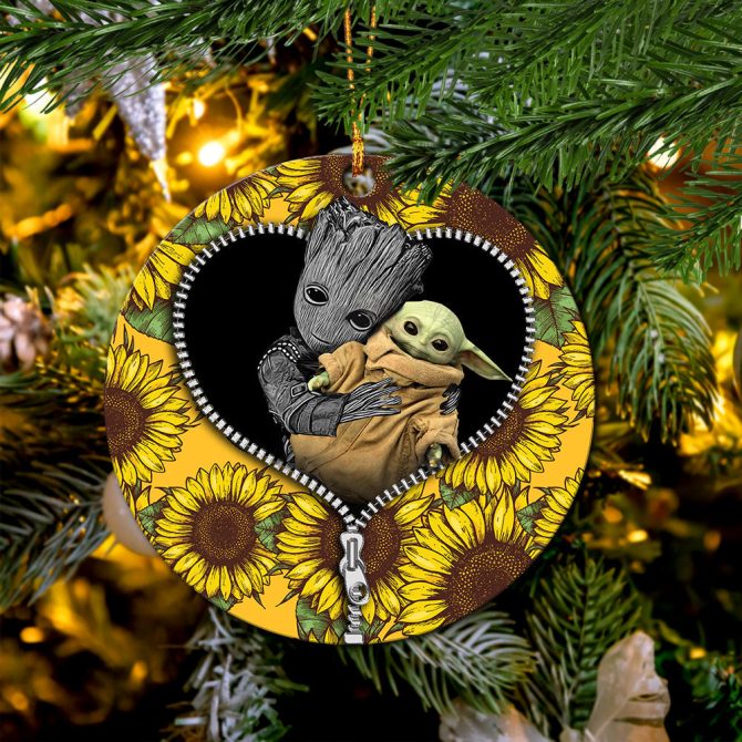 Baby Groot And Baby Yoda Sunflower Zipper Ceramic Circle Ornament Perfect Gift For Christmas Holiday