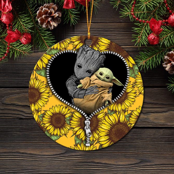 Baby Groot And Baby Yoda Sunflower Zipper Ceramic Circle Ornament Perfect Gift For Christmas Holiday - Image 2