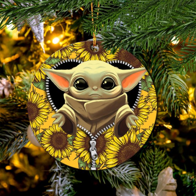Baby Yoda Sunflower Zipper Ceramic Circle Ornament Perfect Gift For Christmas Holiday