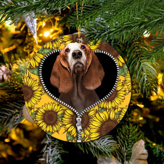 Basset Hound Sunflower Zipper Ceramic Circle Ornament Perfect Gift For Christmas Holiday