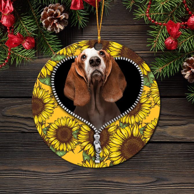 Basset Hound Sunflower Zipper Ceramic Circle Ornament Perfect Gift For Christmas Holiday - Image 2