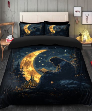 Bigfoot Reading On A Crescent Moon Bedding Set Duvet Cover And 2 Pillowcases