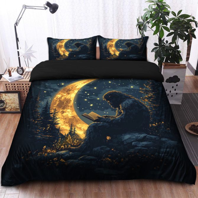 Bigfoot Reading On A Crescent Moon Bedding Set Duvet Cover And 2 Pillowcases - Image 2