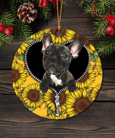 Black French Bulldog Sunflower Zipper Ceramic Circle Ornament Perfect Gift For Christmas Holiday