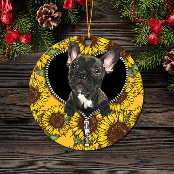 Black French Bulldog Sunflower Zipper Ceramic Circle Ornament Perfect Gift For Christmas Holiday