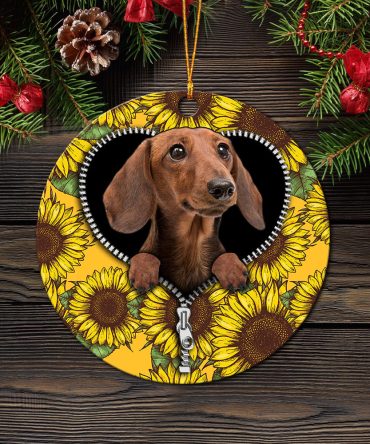 Brown Dachshund Sunflower Zipper Ceramic Circle Ornament Perfect Gift For Christmas Holiday